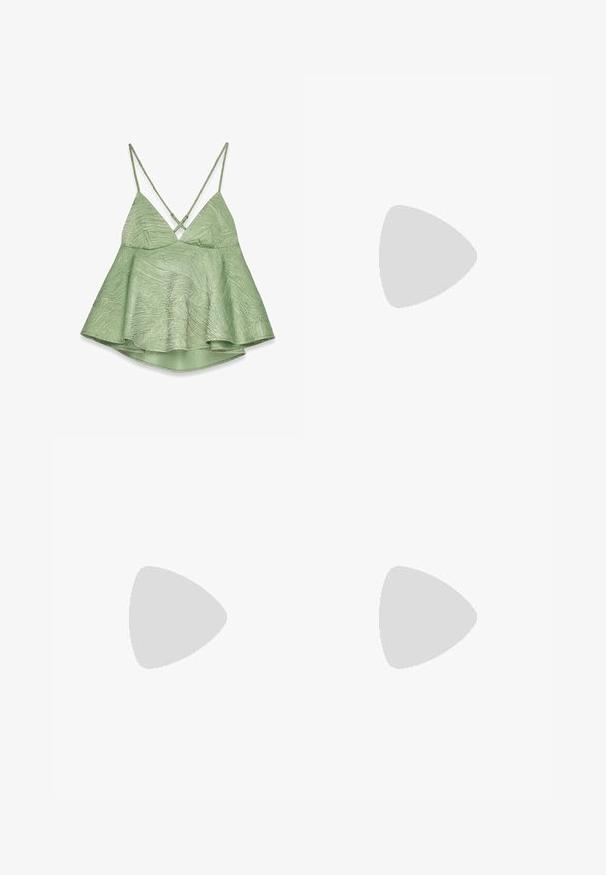 Light green, textured camisole with a flared hem, adjustable crisscross straps, and a V-neck design. Features a subtle pattern.; Wide-leg trousers in cream fabric with a smooth texture, featuring a single front button, subtle pleats, and a high waist design.; Flat sandals with a tan rubber sole, designed with three overlapping white leather straps and a small bow detail at the center.; White synthetic handbag with a triangular shape, flat front flap and bow detail, adjustable strap, smooth texture, and minimalistic design.