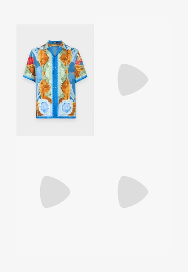 Short-sleeve button-up shirt featuring a vibrant, multi-colored design with classical motifs, predominantly blue, orange, and green.; Black tailored trousers with a wide-leg design, featuring a smooth texture and sharp creases, made from a woven fabric.; Black and white sneaker with a smooth leather upper, rounded toe, and flat rubber sole. Features black laces and soft inner lining.; Black textile bag with dual handles and detachable shoulder strap. Features embossed logo and leather tag. Smooth texture, rectangular shape.