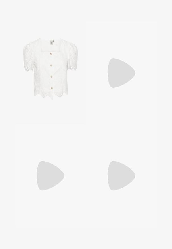 White, short-sleeved blouse with a square neckline. Eyelet fabric with scalloped hem and five buttons down the front. Subtle floral pattern.; Pink linen wrap skirt with a scalloped hem, featuring a contrasting darker pink tie at the waist and smooth texture.; RAID ATHENA - Slippers - cream; White vegan leather handbag with curved design, featuring decorative lacing on the sides and a single shoulder strap.