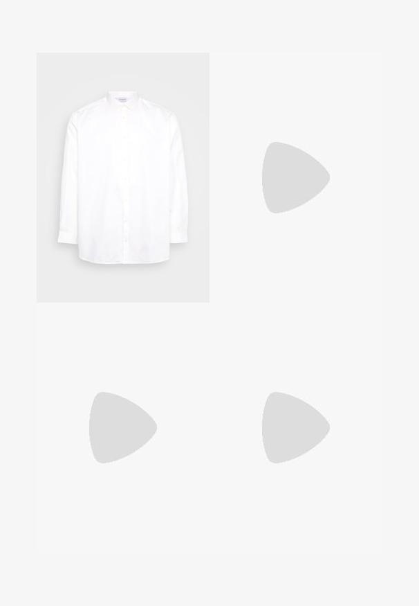 Chemise blanche à manches longues et boutonnée, en coton. Présente un col pointu et six boutons sur le devant. Texture lisse, coupe régulière.; Pantalons noirs au design droit, fabriqués à partir d'un tissu lisse. Dotés de plis sur le devant et d'une fermeture à un bouton à la taille.; Mocassins en cuir noir avec une finition lisse, dotés d'un bout arrondi et d'une bande étroite sur le dessus. Talon bas empilé.; Cravate noire étroite avec un motif en diagonale texturé et côtelé. Présente une pointe et une finition lisse. Convient aux tenues formelles.