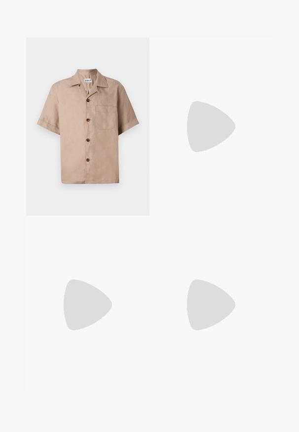 Short-sleeve beige shirt made of smooth fabric, featuring a button-down front, chest pocket, and brown buttons. Designed with a classic collar.; White cotton sleeveless tank top with a round neckline, featuring a smooth texture and a fitting shape, designed for casual wear.; Black shorts with an elastic waistband and adjustable drawstring. Made of a smooth fabric, featuring a loose fit and no visible patterns.; Black leather loafers with a smooth texture, rounded toe, and a decorative strap across the vamp. Low stacked heel, minimalist design.