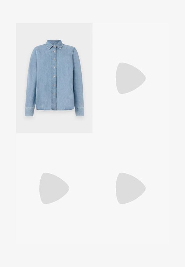 Light blue denim shirt with long sleeves, button-up front, pointed collar, and stitched hem, featuring subtle fading and standard button details.; White short-sleeve t-shirt made of ribbed fabric. Round neckline, regular fit, and subtle stitching details. No patterns or graphics.; Black trench coat with long sleeves, wrap design, and matching belt. Made of smooth fabric, features a notched collar and side pockets.; Black leather ballet flat with a rounded toe, smooth texture, minimal stitching detail, and a flexible sole design.; Brown leather handbag with a flap closure, gold-tone hardware, a shoulder strap, and a smooth texture. Compact rectangular shape.