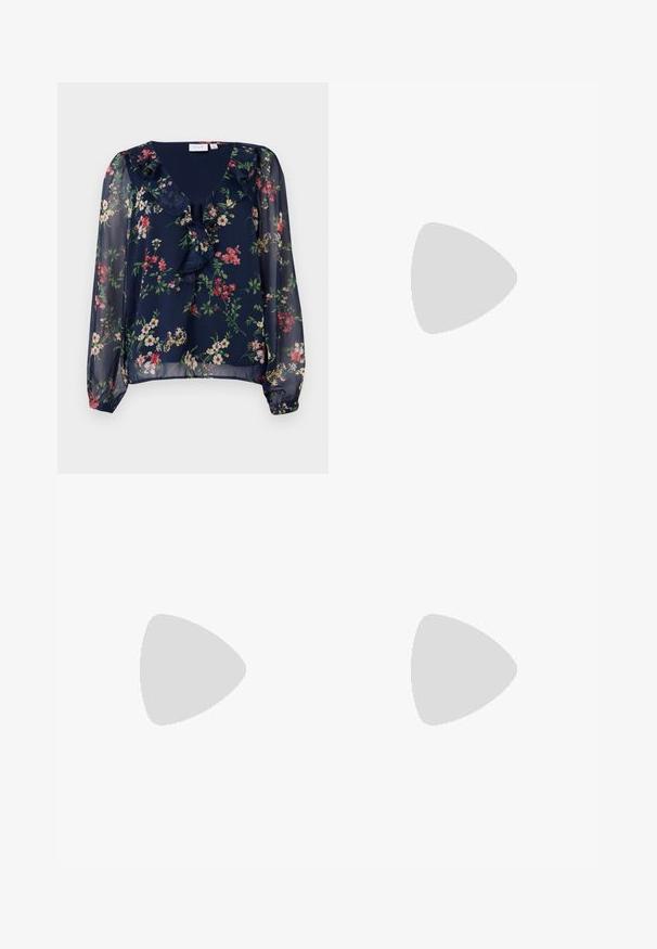 Navy blue, sheer blouse with floral print. Features a v-neckline, ruffled detailing, and long, puffed sleeves with elastic cuffs.; Black wide-leg trousers with high waist, button details on waistband, and front pleats.; Black patent leather slingback heels with a pointed toe and a geometric block heel. Features a sleek, minimal design and smooth texture.; Black leather tote bag with two long handles, a smooth texture, and a structured shape. Features a front pocket for additional storage.