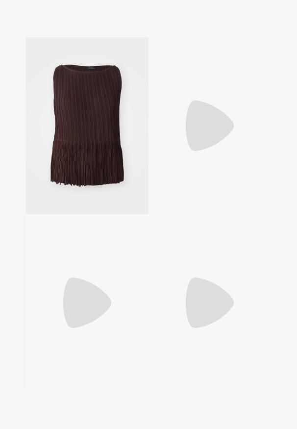 Top marrone a pieghe con scollo rotondo e orlo frangiato. Realizzato in materiale leggero, presenta motivi di texture verticali e orizzontali.; Gonna nera maxi realizzata in tessuto liscio, caratterizzata da una vita arricciata e un design fluido, abbinata a sandali neri con cinturini.; Décolleté in suede marrone con punta affusolata, design elegante, tacco sottile e dettaglio con fibbia sul cinturino alla caviglia.; Occhiali da sole neri con lenti rotonde e montatura bold e angolare, con il marchio "Chloé" in bianco sul lato. Finitura liscia e lucida.; Borsa a tracolla in pelle marrone con texture, dettagli in metallo dorato, manico superiore e tracolla rimovibile. Presenta una patta frontale e un dettaglio con logo.; Orologio da polso rettangolare dorato con quadrante bianco, indicatori delle ore in tono argento e un robusto bracciale in metallo. Include la funzione di resistenza all'acqua.