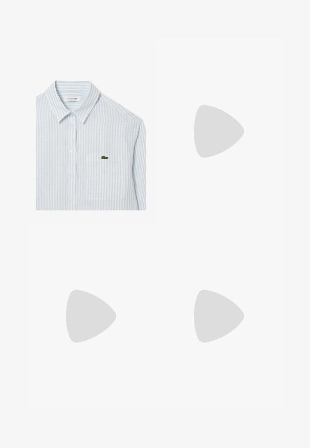  világoskék és fehér csíkos ing, mellzsebével, hímzett zöld krokodil logóval, klasszikus gallérral, oversize szabású.; Bershka WIDE-LEG TAILORED - Nadrágok - white; Fehér bőr felsőrészes sportcipő, szürke velúrból készült orral és három fekete csíkkal. Jellemzője a kék logó a nyelvén és egy texturált gumitalp.; Fekete napszemüveg téglalap alakú kerettel, kék árnyalatú lencsékkel és jellegzetes orrnyereggel. Csúszós felület, diszkrét textúra.; Vivienne Westwood THREE ROW RELIEF CHOKER - Nyaklánc - silver-coloured/white