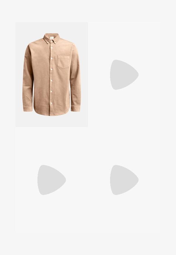 Light brown corduroy shirt with a button-down collar, long sleeves, front pocket, and white buttons. Textured fabric with vertical ribs.; Light blue denim shorts with an elastic drawstring waist, front pockets, and faded texture. Features subtle discoloration and a straight cut.; Tan suede ankle boot with black padded collar, gold metal eyelets, white stitching detailing, and rugged rubber sole with pronounced treads.; Brown leather bag with a flap closure, silver hardware buckle, and contrasting stitching detail. Compact rectangular shape with a smooth texture.