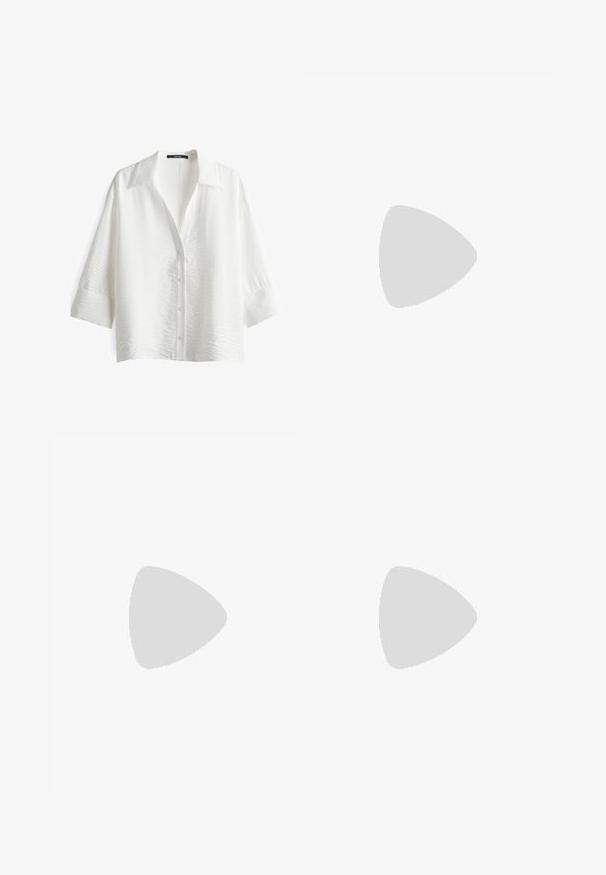 White, button-up shirt with a textured fabric, pointed collar, and three-quarter sleeves. Features five buttons and a relaxed fit.; Wide-leg dark blue denim jeans with a high waist, classic five-pocket design, and visible stitching detailing. Smooth texture, plain finish.; Red mesh ballet flats with a pointed toe, featuring a thin strap and buckle detail. The upper has an open, honeycomb pattern.; Round, brown-tinted sunglasses with a glossy burgundy frame. Slim arms with subtle branding detail. Flat lens design.; Black tote bag with a perforated design, featuring long shoulder straps and a rectangular shape. Made from flexible material.