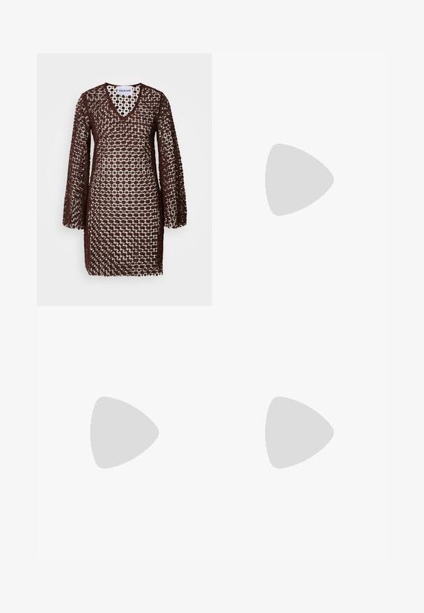 Brown crocheted dress with a V-neck, long sleeves, and a loose fit. Features a patterned design, allowing light to pass through.; Navy blue wide-leg pants with vertical white stripes, elastic waistband, and three white stripes along each side, made from a lightweight material.; Light blue suede sneakers with white leather stripes, a brown textured sole, and gold logo detail. Low-top design with rounded toe.; Black fabric bag with a textured, quilted pattern. Rounded shape, short, thick handles, and a soft, flexible structure.