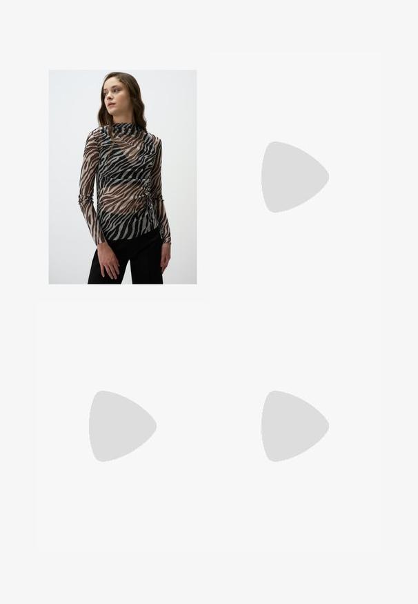Haut léger à manches longues avec un motif zèbre dans des tons de noir et de marron, avec des accents scintillants subtils et un col haut.; Pantalons amples marron foncé avec une taille élastique et un cordon de serrage ajustable. Fabriqués à partir d'un tissu léger et doux.; Des baskets noires avec une tige en suède et en matériaux synthétiques, dotées de trois rayures blanches, d'une semelle en caoutchouc texturé et d'une étiquette de logo bleue sur la languette.; Sac hobo en cuir noir au design décontracté, avec une large bandoulière et une texture lisse. Dispose d'une fermeture éclair unique sur le côté.