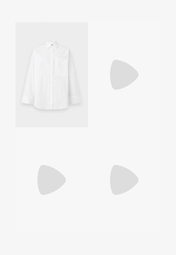 White button-up shirt made of cotton. Features long sleeves, a collared neck, and a single chest pocket. Smooth texture, classic design.; Wide-leg black trousers made of smooth fabric, featuring a flat waistband, pleats, and side pockets. Clean lines with minimal detailing.; Black leather slingback shoe with a pointed toe, decorative straps featuring metal eyelets, and a low block heel. Textured surface.; Black leather crossbody bag with two front pockets, gold buckles, zipper closure, and a slim strap. Textured surface and compact rectangular shape.
