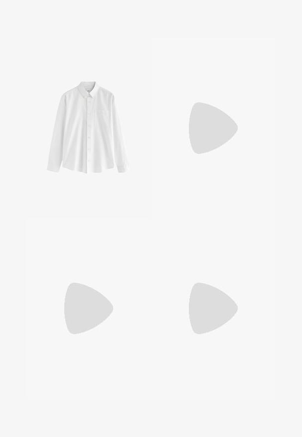 Fehér, hosszú ujjú pamut ing, gombos gallérral, egyetlen mellzsebbel és kényelmes fazonnal. Az elején kicsi gombok találhatók.; Fehér pamut ujjatlan felső kerek nyakkivágással, széles vállpántokkal és egyenes szegéllyel, sima textúrával, látható minták nélkül.; Világoskék farmernadrág egyenes szárú kivitelben, közepes derékkal, öt zsebbel, gombos és cipzáros záródással.; Szürke és fekete Nike futócipő, látható rugós párnázással a talp alatt és fehér swoosh logóval az oldalon.; Fekete válltáska texturált anyagból, átlós mintával, állítható pánttal és oldalsó zsinórzárakkal.