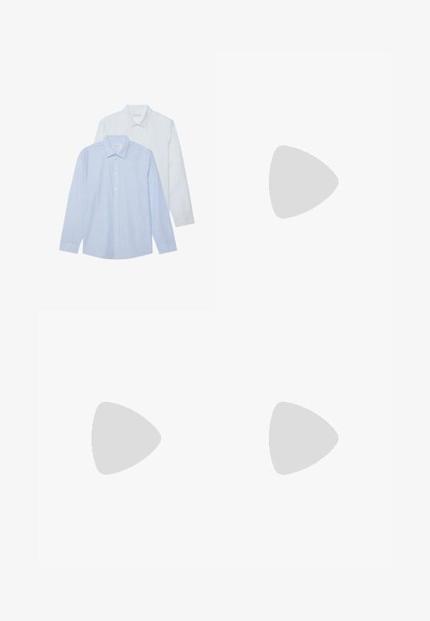 Twee overhemden met lange mouwen: de ene lichtblauw met dunne verticale strepen, de andere volledig wit. Beide hebben een kraag en knoopsluiting aan de voorkant.; Lichtblauwe denim jeans met een relaxte pasvorm, recht model, vijf zakken en subtiele vervaging in de stof.; Bruine leren schoenen met een gladde afwerking, ronde neus en lichtgekleurde rubberen zolen. Vergezeld van lichtbeige broek.; Bruine rechthoekige zonnebril met getinte glazen, kunststof frame en metalen accenten aan de zijkanten. Heeft een slank ontwerp en een gladde textuur.