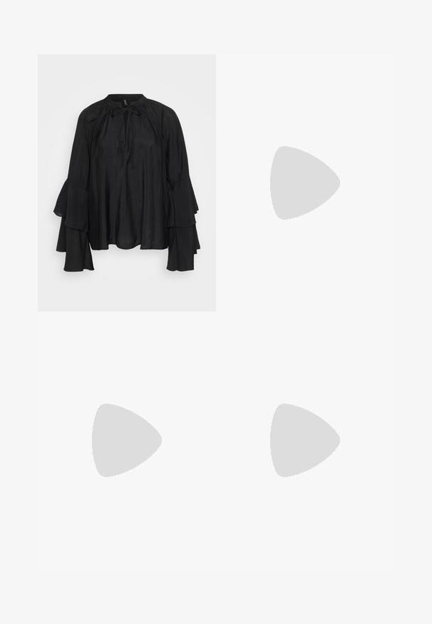 Black lightweight blouse with a high neckline, tie detail, and layered, flared sleeves. Smooth fabric with a flowing, relaxed fit.; Black faux leather flared pants with a shiny finish, featuring a high waist, front pockets, and silver hardware accents.; Black leather slingback shoes with a pointed toe, flat heel, and ankle strap; worn with light blue wide-leg jeans.; Silver flower-shaped earrings with a textured finish, featuring long hooks and petal-like details for an intricate design.