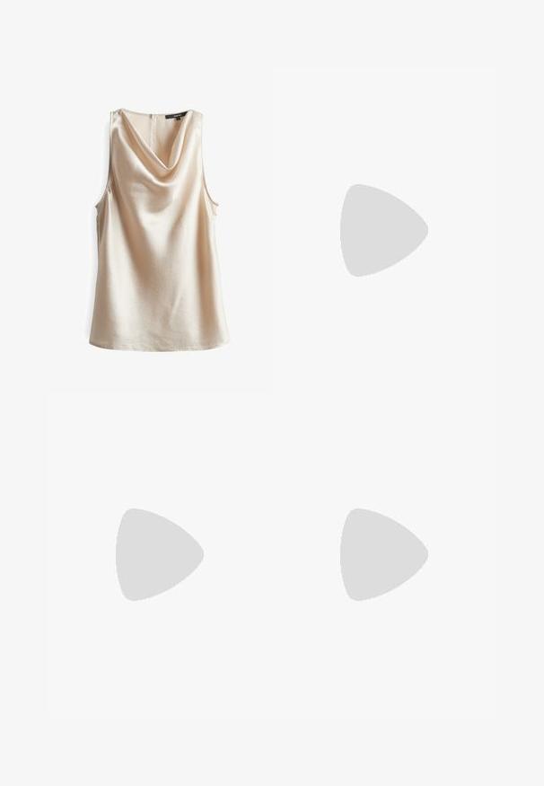 Top senza maniche con collo a cowl in beige chiaro, tessuto strutturato con una leggera lucentezza. Presenta una chiusura con zip sulla schiena e una vestibilità morbida.; Polo Ralph Lauren CURVED TAPERED LEATHER PANT - Pantaloni di pelle - mahogany; Slingback con tacco in vernice nera con punta affusolata, caratterizzato da una stampa a serpente testurizzata, cinturino regolabile e un tacco corto e testurizzato.; Borsa hobo in pelle marrone con una forma arrotondata, dotata di dettagli in hardware dorato e cuciture a contrasto. Abbinata a una camicia di jeans e a un paio di jeans.