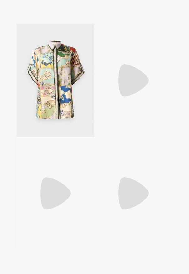 Short-sleeve button-up shirt featuring a patchwork design with multiple colors, floral and geometric patterns, and a collared neckline.; Black wide-leg trousers with a smooth texture, featuring a high waistband and center pleats. No visible patterns or hardware details.; White and gray athletic shoes with a textured mesh upper, black accents, and a prominent logo on the side and heel, paired with blue jeans.; Black leather clutch with gathered texture, silver-tone metal frame, kiss-lock closure, and chain strap. Smooth, soft surface.