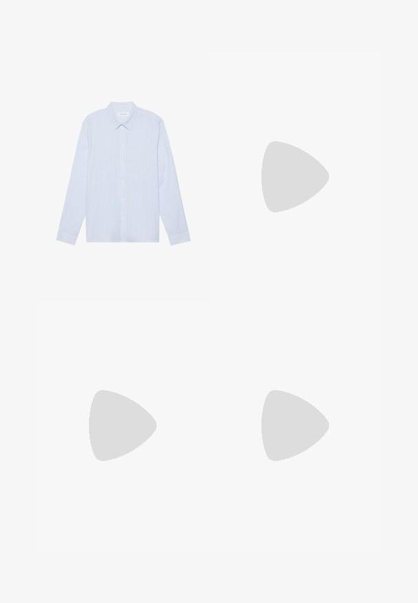 Camicia a maniche lunghe a righe blu chiaro con bottoni. Presenta un colletto tradizionale, bottoni bianchi e un tessuto in morbido cotone misto.; Pantaloni a gamba larga realizzati in tessuto grigio scuro. Presentano pences in vita, un design sartoriale e una silhouette dritta.; Scarpa oxford in pelle nera con design con lacci, punta arrotondata, suola piatta in gomma e dettagli di cucitura discreti lungo la parte superiore.; Borsa a tracolla in tela verde oliva con chiusura a pattina, cinturino regolabile e tasca frontale. Tessuto testurizzato con un aspetto robusto.