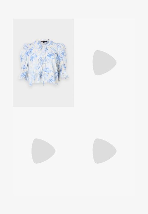 Floral blouse in cream with blue flower patterns, puff sleeves, collar, and front tie detail. Lightweight fabric with loose, textured finish.; Wide-leg trousers in textured yellow fabric. Features two front pockets and metallic button accents. Clean, minimalist design.; Black patent leather flat shoe with a squared toe, ankle strap featuring silver hardware, and flat sole. Smooth texture with minimalist design.; Black leather handbag with fringe details, gold chain shoulder strap, and a cut-out handle. Features logo placement on the front.