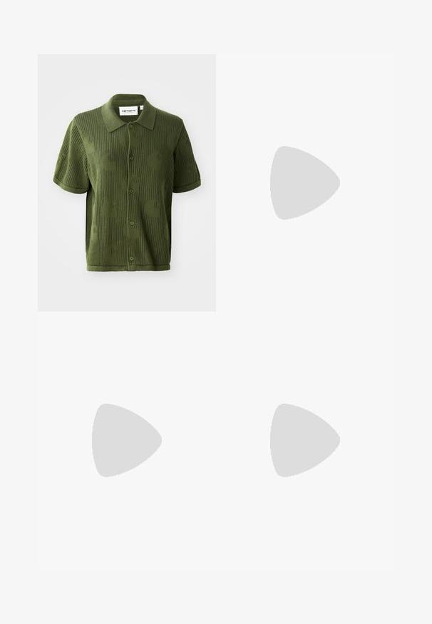 Green knitted polo shirt with short sleeves, featuring a textured pattern of large circles and button-up closure.; Purple denim overalls with adjustable straps, front pocket, and wide legs. Material shows slight texture; hardware features silver metal clips.; Suede sneaker with a gray upper, black stripes, and a gum rubber sole. Features a lace-up closure and a gold logo detail on the side.; Silver chain bracelet featuring elongated links above. Below, a colorful beaded bracelet with black, blue, green, yellow, red, and clear beads.