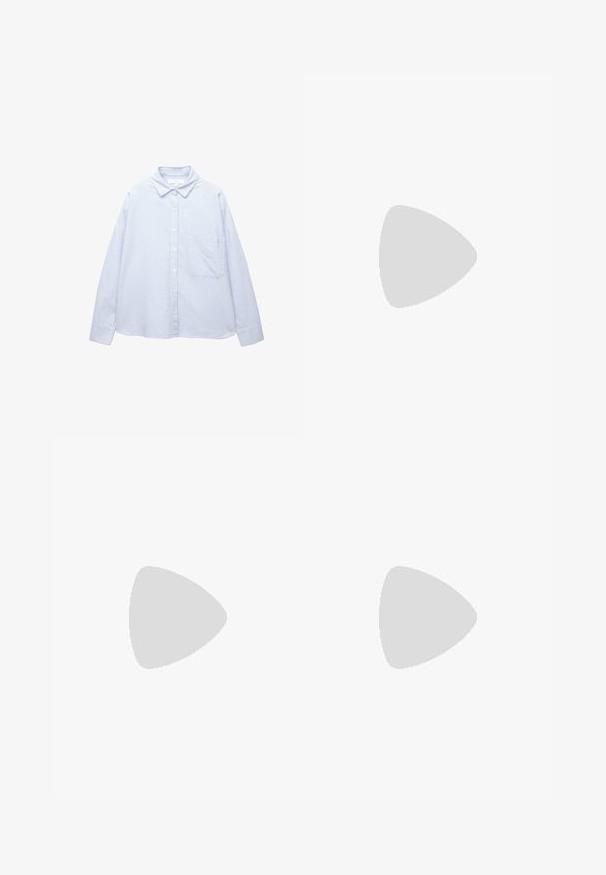 Hellblau-weißer, vertikal gestreifter, langärmeliger Button-up-Hemd mit Kragen und Brusttasche.; Weißes Baumwoll-Tanktop mit breiten Schulterträgern, einem runden Halsausschnitt und einer glatten, gerippten Textur. Keine Muster oder Akzente vorhanden.; Schwarzfarbene weite Hosen aus glattem Stoff. Mit frontalen Falten, einem Bund mit Gürtelschlaufen und einer taillierten Silhouette.; Schwarzer Adidas Superstar Sneaker mit weißen Streifen, Schalenzehen und "Superstar"-Schriftzug an der Seite, im Seitenprofil auf weißem Hintergrund dargestellt.; Braune Tragetasche mit geschwungenem Design, versehen mit einem großen Ausschnittgriff, der entlang der Kante mit silbernen Nieten verziert ist. Aus weichem Stoff gefertigt.