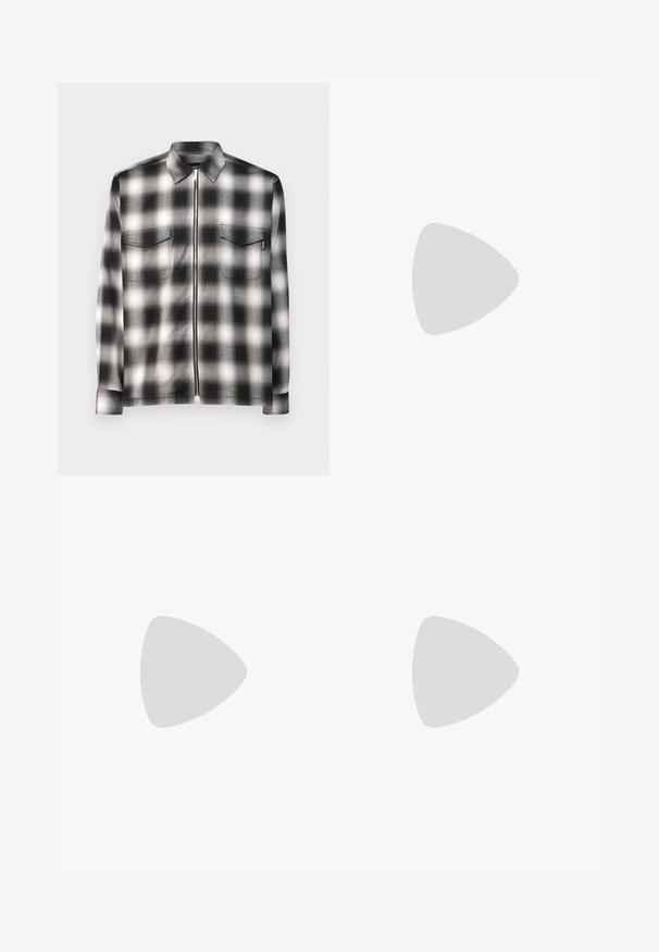 Black and white checkered shirt with a collar, long sleeves, two front pockets, and a full-length front zipper. Soft fabric texture.; Black short-sleeve crew neck T-shirt with subtle embossed logo design centered on the chest and a branded tag inside the collar.; Black cargo pants with an elastic waistband, tapered leg, side pockets, and a single cargo pocket on the left thigh. Smooth texture.; Black suede sneaker with a white rubber sole, featuring tonal stitching and lace-up design. Smooth texture with a modern, streamlined shape.