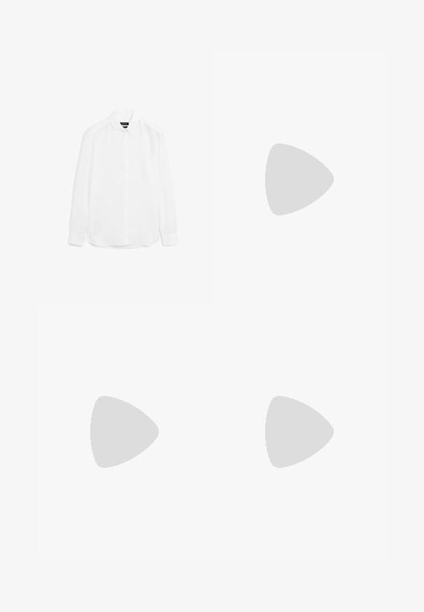 Witte overhemd met lange mouwen gemaakt van gladde stof, met een knoopsluiting aan de voorkant, puntscholieren en een afgeronde zoom met knoopmanchetten.; Grijs op maat gemaakte pak met notch revers en voorzakken, gecombineerd met een gestreept shirt. De broek heeft een ontspannen pasvorm en een vouwdetail. Bruine schoenen.; ALDO BERT - Lage laarzen - black; Zwarte rechthoekige zonnebril met donkere lenzen, een dik plastic montuur, gouden accenten op de veren en het merkembleem gegraveerd op de arm.