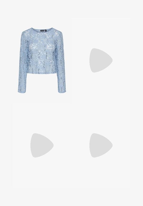 Light blue lace top with long sleeves, featuring sequin accents and a rounded neckline. Cut in a cropped silhouette for a fitted look.; Light blue shorts with a belted waist, featuring a square buckle and metal hardware accents. Smooth fabric, tailored cut, and pleated front.; Black leather pointy-toe pump with an ankle strap and a chunky heel. Flat texture, sleek design, and minimalistic aesthetics.; Black leather tote bag with smooth texture, rectangular shape, and two long handles. No visible hardware or embellishments.