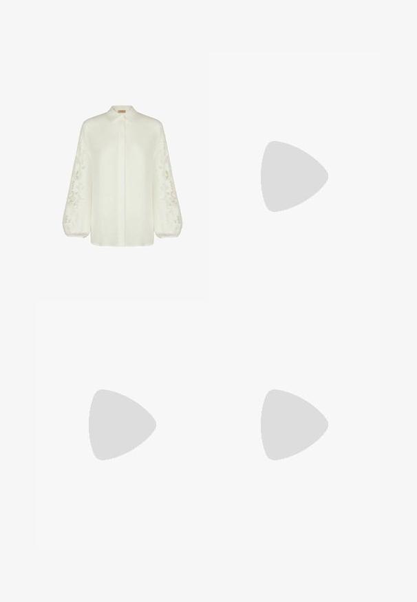 White linen blouse with long, puffed sleeves featuring intricate floral embroidery. Collared, button-up front design, relaxed fit.; Wide-leg blue denim jeans with a high waist, front button and zipper closure, and front and back pockets against a plain background.; Black strappy sandal with a square toe and a low block heel. Features multiple thin straps and an adjustable ankle strap. Made of smooth leather.; Black leather crossbody bag featuring a smooth texture, rectangular shape, and a metallic chain detail on the front. Adjustable strap included.