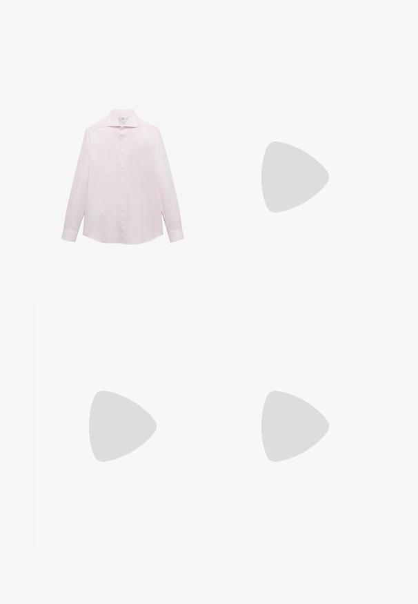 Camicia a maniche lunghe rosa con colletto classico, sette bottoni bianchi lungo il davanti e orlo curvato. Tessuto morbido e leggero.; T-shirt bianchi a maniche corte impilati, realizzati in cotone. Presentano un collo rotondo e un taglio dritto. Il tessuto appare liscio senza pattern.; Pantaloni blu navy con vestibilità slim e motivo a righe sottili. Presentano una chiusura con zip, passanti per cintura e tasche frontali. Tessuto dalla texture liscia.; Sneaker bianco con lacci sospeso sopra una panchina di legno, con fogliame verde sullo sfondo, che mette in mostra il design e la texture della scarpa.; Occhiali da sole neri e argento con forma a occhio di gatto, lenti sfumate e dettagli metallici sulla montatura. Aste in plastica con punte grigie.