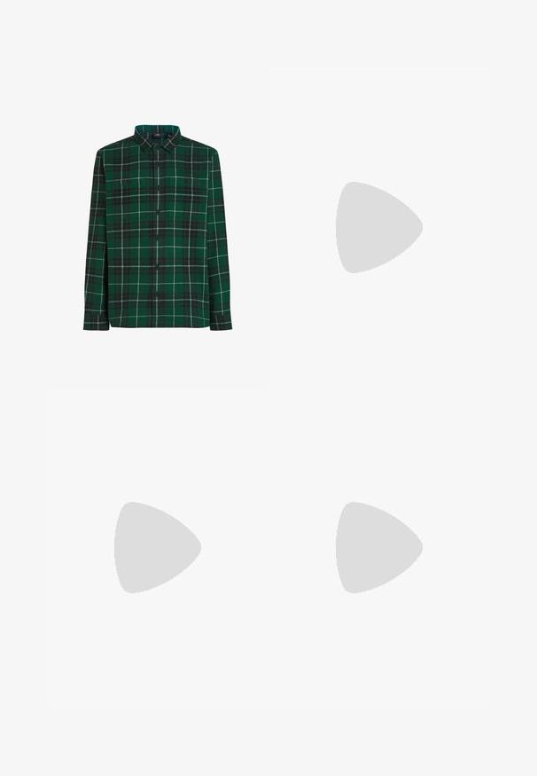 Green plaid button-up shirt featuring a checkered pattern, front pockets, and a collar. Made of fabric with a soft texture.; White cotton t-shirt with short sleeves, crew neck, featuring a small gold logo on the left chest area. Soft texture and regular fit.; Dark blue denim jeans with a high waist, straight leg design, contrasting stitching, and patch pockets on the front.; Black suede sneakers with white rubber soles and side stripes, paired with light green cargo pants, standing on a textured dark surface.