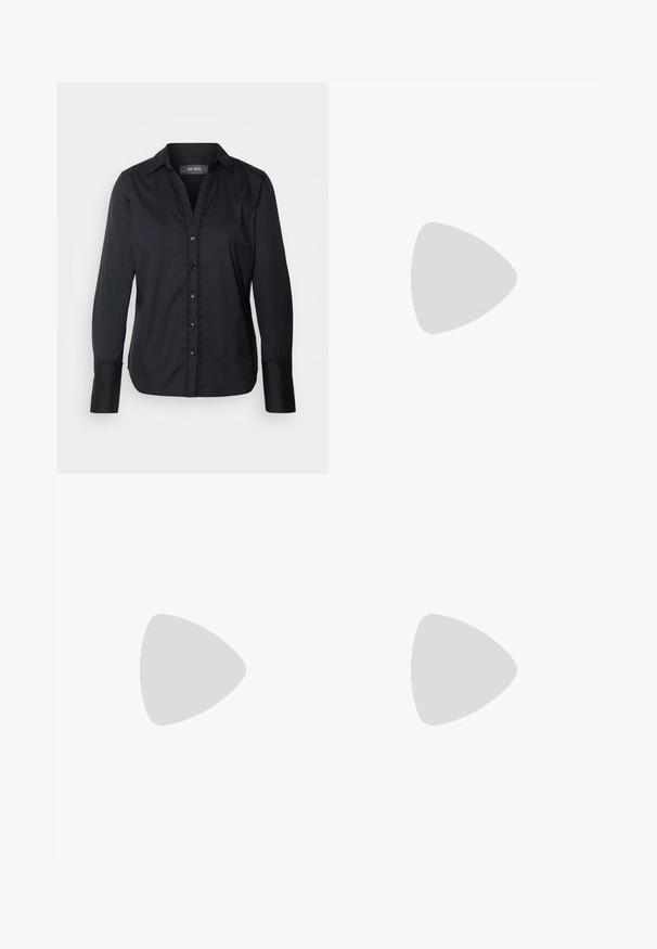 Mos Mosh WAVE SHIRT - Užsagstoma palaidinė - black; Plačios kojų džinsai iš juodo džinsinio audinio su užtrauktuku priekyje, penkių kišenių dizainu ir subtiliais siuvinėjimo akcentais. Lygus paviršius ir laisvalaikio stilius.; Juodos kulkšninių batai su blizgiu paviršiumi, stačiakampiu pirštu, blokuotais kulnais ir šoniniu elastingu intarpais. Pora su juodomis siaurinančiomis kelnėmis.; Juodas odinis krepšys su išlenkta forma, nuimamu dirželiu ir auksiniais detalėmis. Krepšys turi kilpą su sagtimi.