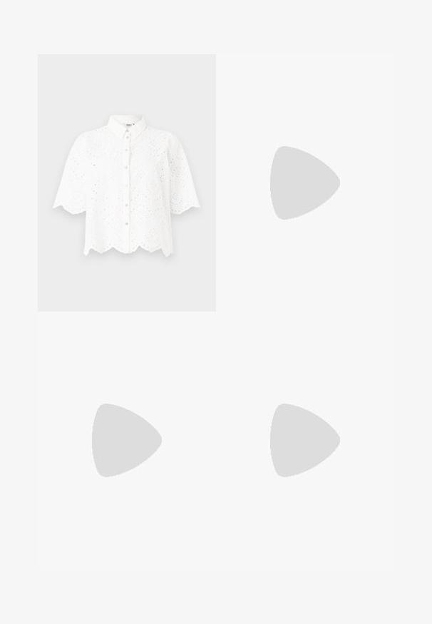 White short-sleeve shirt with a collared neckline, featuring intricate cut-out designs and scalloped hem. Button-front closure.; Light blue flared jeans made of denim with a wide belt loop and a large, square silver buckle. Faded texture near the hem enhances design.; White high-top canvas sneaker with black rubber sole, front rubber toe cap, and six eyelets for laces, featuring a clean, minimalist design.; Olive green corduroy handbag with two front pockets, gold hardware, and a short strap. Worn with a light green striped sweater.