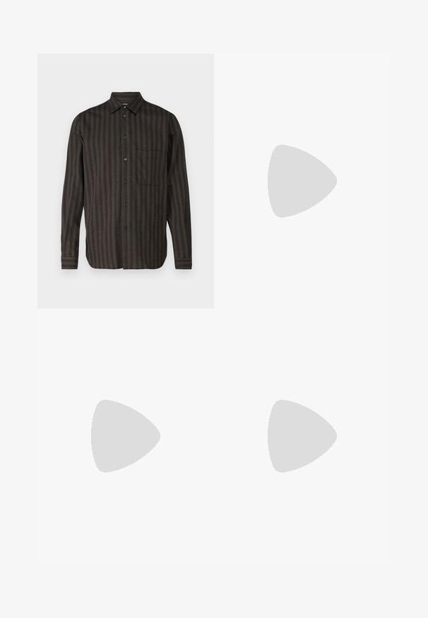 Long-sleeve shirt in dark green plaid pattern, button-down front, single chest pocket, made of textured fabric with subtle stripes.; Gray pleated trousers with a relaxed fit, made from a lightweight fabric. Features front pockets and a button closure at the waist.; Black suede sneaker with white stripes, tan rubber sole, and gold "Gazelle" logo. Classic low-top design, featuring a textured upper.; Black rectangular sunglasses with dark lenses, a matte finish, and logo detail on the temple. The design features straight edges and thick frames.