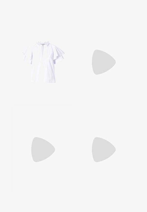 Blouse en coton blanc avec des manches courtes à volants, un collier froncé et une ouverture en forme de goutte sur le devant. Texture lisse, design décontracté.; Pantalons larges en tissu jaune doux, dotés d'une taille élastique et d'une texture lisse. Pas de motifs visibles ni de détails matériels.; Sandale en cuir blanc à lanières superposées, semelle plate marron et design minimaliste. Texture lisse avec une esthétique simple.; Lunettes de soleil ovales avec une monture en métal doré et des verres gris. Elles sont dotées de branches en acétate noir avec des accents dorés et des détails de logo sur les côtés.; Sac à main blanc à la forme courbée et à la texture lisse. Présente un accent de logo doré et une fermeture éclair. Bandoulière ajustable.
