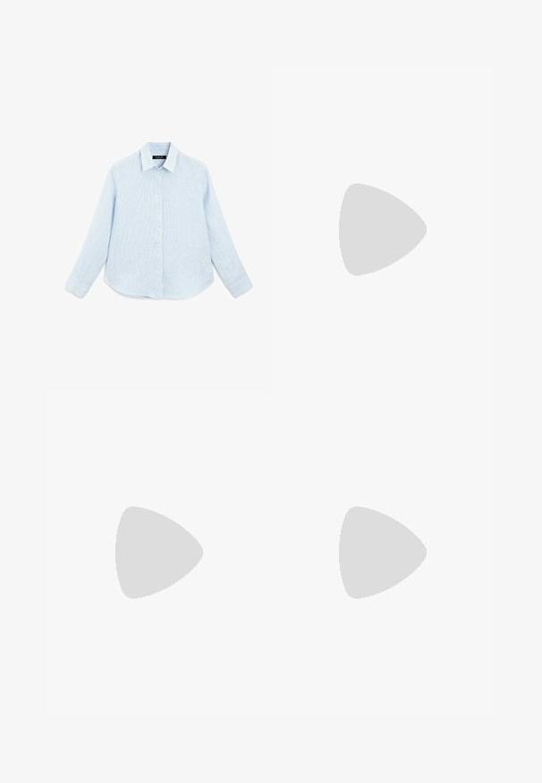 Camicia button-up azzurro chiaro a maniche lunghe realizzata in tessuto testurizzato. Presenta un colletto a punta, bottoni frontali e un orlo curvo.; Jeans in denim chiaro con taglio a gamba larga. Presentano il classico design a cinque tasche, chiusura con bottone e una leggera scoloritura per un aspetto rilassato.; Scarpa piatta nera in pelle con punta arrotondata e tacco basso, progettata per un uso casual o formale.; Borsa hobo in pelle nera con design morbido, ampia tracolla e texture liscia. Presenta una chiusura con zip laterale.