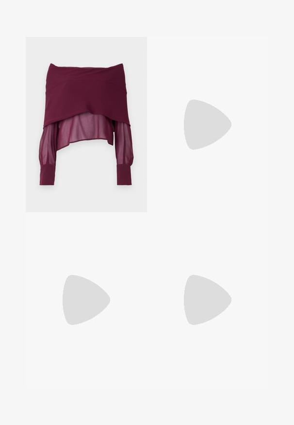 Burgunderfarbenes Off-Shoulder-Top mit transparenten langen Ärmeln, das ein geschichtetes Design und feste Manschetten aufweist. Glatte Textur mit einer drapierten Silhouette.; Schwarze, taillierte Hose mit geradem Bein, aus einem glatten Stoff und mit klaren Falten an der Vorderseite. Keine sichtbare Hardware.; Schwarze Leder-Slingback-Pumps mit spitzem Schuhblatt, ausgestattet mit einem schlanken Absatz und einem goldfarbigen Akzent am verstellbaren Riemen. Glatte Textur.; Schwarze Lederhandtasche mit einem strukturierten Design, das eine verkürzte Form, einen oberen Griff und goldfarbene Hardware-Details aufweist. Verstellbarer Schulterriemen ist enthalten.