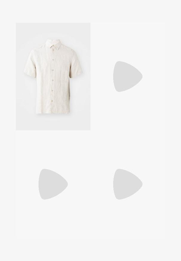 Short-sleeve linen shirt in light beige. Features a standard collar, button front, and subtle texture. Clean design with no patterns.; White cotton sleeveless tank top with a round neckline, featuring a smooth texture and a fitting shape, designed for casual wear.; Light blue wide-leg jeans with a faded wash, featuring single-button closure, five pockets, and contrasting stitching.; Beige retro sneakers with brown rubber sole, featuring striped accents and embroidered logos. Worn with white socks, striped brown detail.