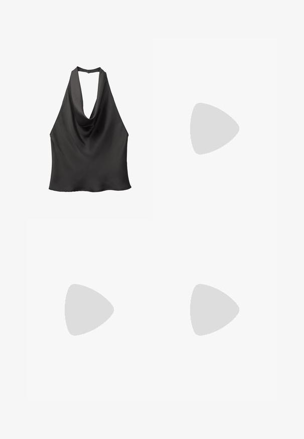 Black sleeveless top with a draped neckline, made from a smooth, lightweight fabric. Features a simple, open back design.; Black satin maxi skirt with a smooth texture, featuring a subtle side slit for movement and a flowing silhouette.; Black suede platform heels with a thick block heel, rounded toe, and ankle strap secured by a metal buckle. Smooth texture throughout.; Black leather wallet with a fold-over flap, gold hardware, featuring a logo accent. Includes a detachable strap for carrying.