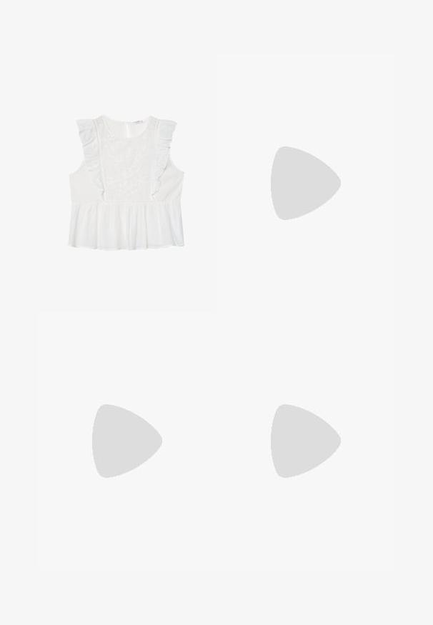 Bela brezrokavna majica z vezenimi cvetličnimi vzorci, nabori na ramenih in nabranim peplum robom. Zapiranje na hrbtni strani v obliki ključavnice.; Bela, krojena hlače z ravnimi nogami, ki vključujejo gumbasto zapiranje, zanke za pas in stranske žepe; gladka tekstura tkanine.; Svijetloružičaste slingback balerinke s šiljastim nožnim prstima, napravljene od glatkog materijala nalik koži. Imaju izrezane detalje sa strane i ravne pete.; Bela usnjena torba z dvema ročkama in odstranljivo naramnico, ki ima sprednji žep na zadrgo in gladko teksturo. Nositi jo na osebi na roki.