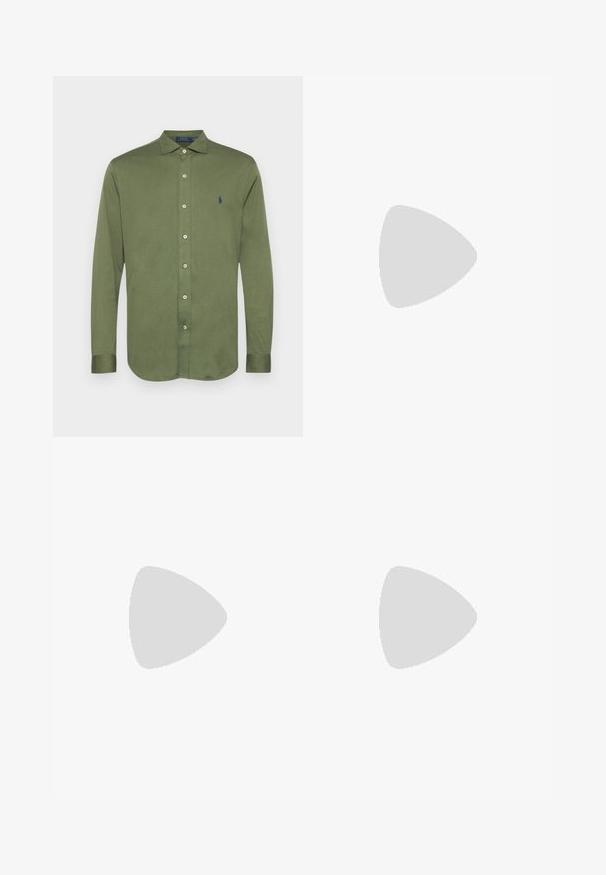 Olivenfarget langermet skjorte laget av bomull, med krage som kan knytes ned, frontplacket med knapper, og et lite brodert logo på brystet.; Hvit polo skjorte laget av bomull, med et gjentatt blått hundemønster og en liten blå logo på brystet. Kortermet og med krage.; Lyse beige bomullsbukser med elastisk midje, snor, sidelommer og en avslappet passform. Glatt tekstur, allsidig design.; Beige lerretsko med rund tå, flat gummisåle og snøring foran. Har et minimalistisk design og en kontrasterende svart detalj ved hælen.