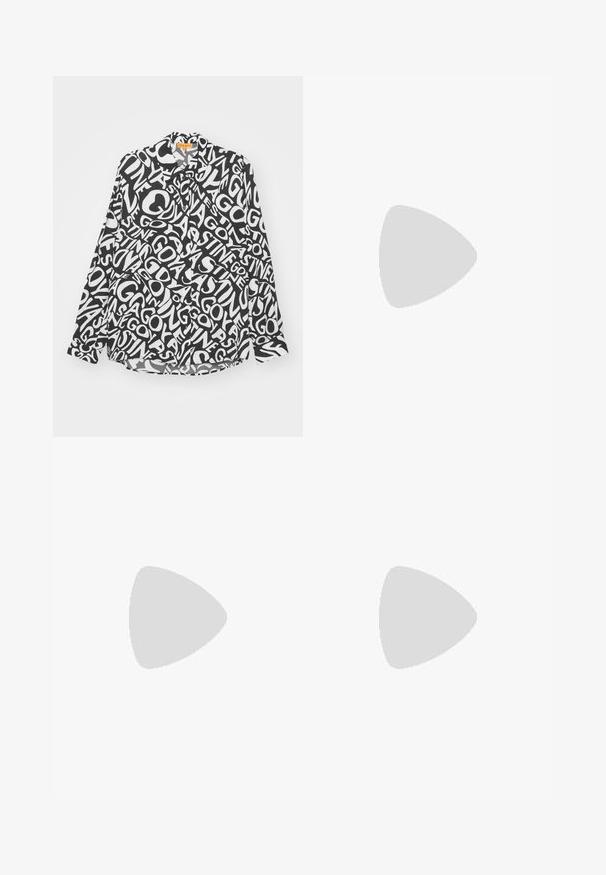 Black and white button-up shirt with a bold, abstract text pattern. Features a collar, long sleeves, and a relaxed fit.; Black flared pants with a high waist, made of stretchy fabric. Features vertical seam details on the front and a smooth texture.; Black leather sandals with gold buckle accents, featuring multiple straps and a flat sole design for open-toe wear.; Black leather handbag with a rounded shape, a wide strap, and a textured finish. Features a subtle seam detail and a gold-tone hardware accent.