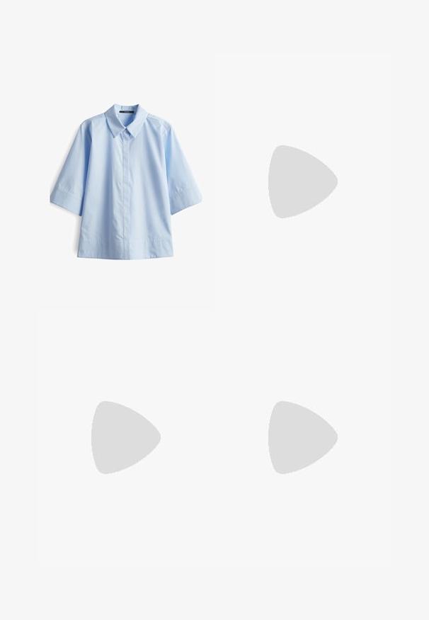 Camicetta azzurro chiaro a maniche corte con colletto, realizzata in tessuto liscio, presenta un taglio dritto e una chiusura frontale con bottoni rifinita in modo impeccabile.; Gonna bianca a strati realizzata in tessuto leggero con motivo a occhiello e orlo arricciato. Presenta una vita elastica per maggiore comfort.; Stivale da cowboy in suede color beige con ricami decorativi, tacco medio impilato e linguetta sulla gamba.; Occhiali da sole neri a forma di occhio di gatto con finitura opaca, dotati di lenti grigie, angoli acuti e stanghette slanciate. Nome del marchio visibile all'interno della stanghetta.; Zign LEATHER - Shopping bag - light brown; Set di orecchini in tono oro che comprende tre paia: orecchini a perno ovali texturizzati, orecchini a perno con design ondulato e grandi orecchini a cerchio con scanalature sovrapposte.