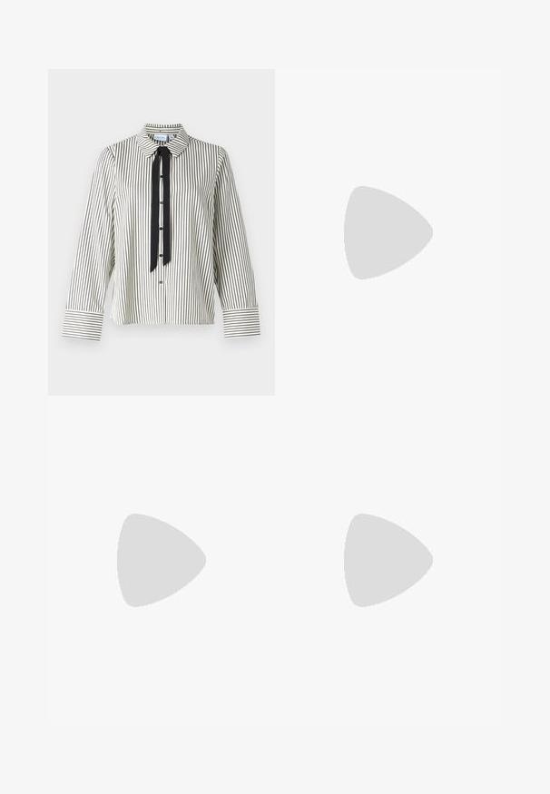 VILA VIKYNDA SHIRT - Button-down blouse - birch/black; Light blue flared jeans made of denim, featuring a high waist, five-pocket design, and subtle gradient fading towards the hem.; Light grey sneaker made of suede and mesh, featuring three white stripes, round toe, and a gum rubber sole. Gold logo accent near laces.; Black leather clutch bag with a flap and a gold metal buckle detail. Includes a black strap and a sleek, minimalist design.; Silver hoop earrings with a twisted design, featuring a polished finish and post-back closure. Measure approximately 3 cm in diameter.