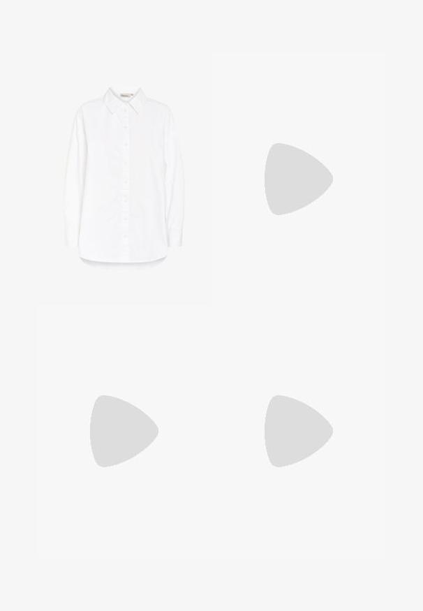 Camicia bianca con colletto a punte, maniche lunghe e orlo curvo. Realizzata in un tessuto leggero e morbido. Leggera lucentezza.; Pantaloni culotte neri in poliestere con una cintura elastica, due pieghe frontali e una silhouette ampia. Nessun motivo visibile o dettagli in metallo.; Sandali con tacco in vernice nera, con punta squadrata, cinturini alla caviglia e fibbie in argento. Presentano un tacco a blocco spesso per maggiore stabilità.; Borsa a tracolla nera in pelle con una forma curva, manico rimovibile e accessori dorati. La borsa presenta una patta con un dettaglio a fibbia.