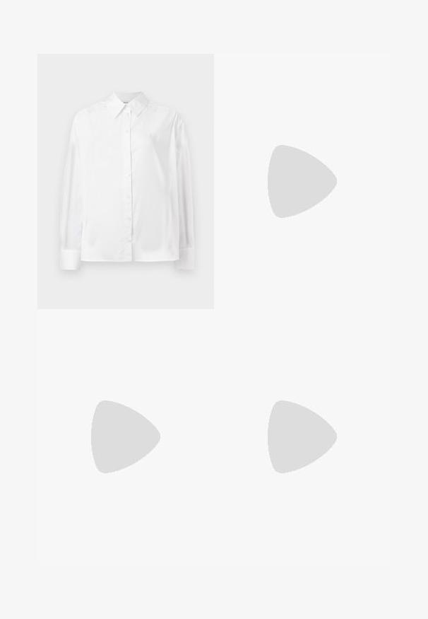 White long-sleeve button-up shirt in a smooth cotton blend. Features a classic collar, front button closure, and rounded cuffs.; Navy blue tailored trousers with a smooth texture, featuring front pleats, belt loops, and a straight leg design, made from a lightweight fabric.; Black high-heeled sandal with fringed detail, ankle strap featuring gold hardware, flat square toe, and two crossing straps across the vamp.; Black leather shoulder bag with a soft texture, triangular shape, and adjustable strap, paired with a light blue striped shirt and white pants.