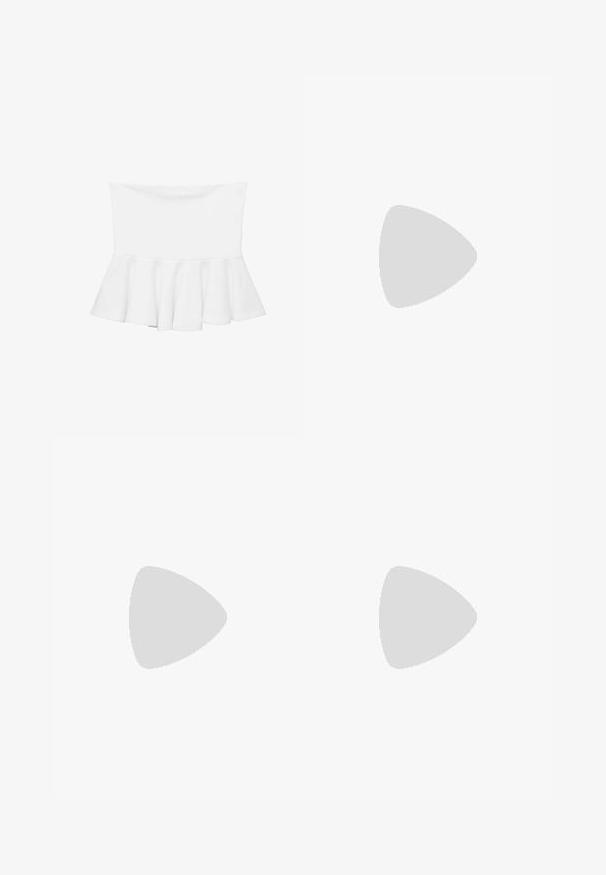 White peplum top with a fitted bodice and flared hem. Smooth, stretchy fabric with no visible patterns or hardware details.; Black wide-leg trousers made of a smooth fabric. Features a waistband, belt loops, and no visible embellishments or patterns.; Black leather slingback shoe with a pointed toe, low heel, cut-out design, and a decorative circular buckle detail.; WITTCHEN Handbag - cream