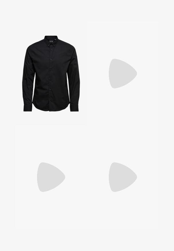 Schwarze Langarmhemd mit Knopfleiste aus Baumwolle. Es verfügt über einen klassischen Kragen, vordere Knöpfe und einen geraden Saum ohne Muster oder Verzierungen.; Schwarze Baumwollhose mit lockerem Schnitt, ausgestattet mit einem klassischen Bund, vorderen Falten und Seiten taschen. Glatte Textur ohne Muster.; Schwarzer Lederloafer mit grobem, rutschfestem Sohlenprofil und dekorativem Riemen über der Oberseite, seitlich links auf weißem Hintergrund abgebildet.; Sonnenbrille mit schwarzem Kunststoffrahmen, blauen getönten Gläsern, leicht abgerundeter Form und silbernen Metallelementen an den Bügeln.