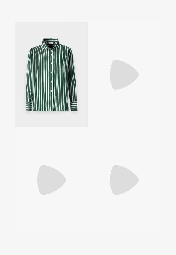 Lacoste UNISEX - Užsagstoma palaidinė - green/white; Ruda, be rankovių maksi suknelė su kryžminiu dekolte, lengvu audiniu, susiraukšlėta juosmeniu ir plazdančia sijona. Susiejama kaklo zonoje.; Pilkos smulkaus dryžiaus plačios kelnės su lygiu paviršiumi, derinamos su juodais odiniais butais su apvaliu nosiniu.; Auksinės grandinėlės auskarai su aiškiais kristalais, puošiančiais dizainą, su įspaustu „GUESS“ ženklu ir lygiu paviršiumi.