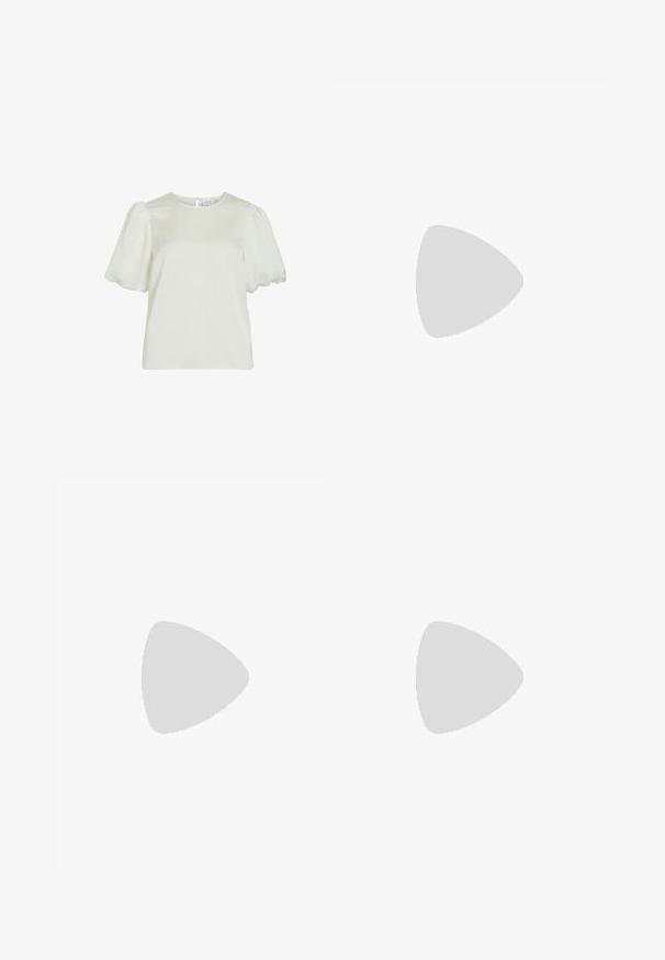 Valge lühikeste varrukatega pluus ümmarguse kaelusega ja puhvvarrukatega, seljaossa nööpide kinnitusega.; Heledad sinine flared teksade rõivad, millel on kõrge talje, viis taskut ja üks nupulukk. Pehme tekstuur ja pleekinud viimistlus.; Mustad musta lakknahk kingad, millel on terav varvas ja geomeetriline plokkkonts. Omab elegantselt minimalistlikku disaini ja sujuvat tekstuuri.; Mustmust mustraha kõverate joontega, eemaldatava rihmaga ja kuldsete detailidega. Kotil on klapp, millel on pandladetail.