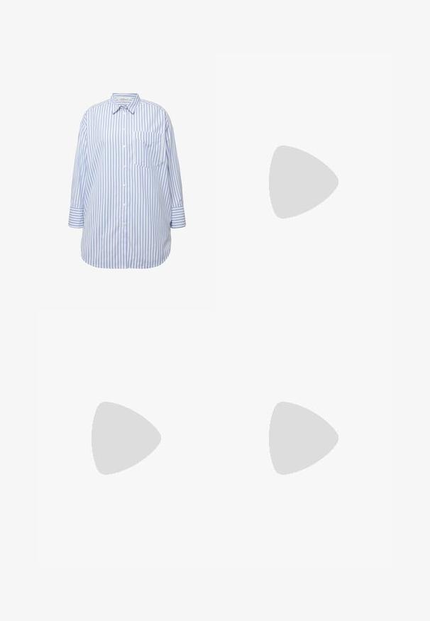 Studio Untold STRIPED LONG SLEEVE - Košilová halenka  - medium blue; Světle modrá džínsová sukně s přiléhavým střihem, která má dekorativní vzorovaný pas, přední kapsy a mírné ošoupání pro zvýšení textury.; Hnědé kožené kovbojské boty s špičatou špičkou, vyšívanými spirálovými vzory na štítech a s blokovým podpatkem. Obsahují poutko pro snadné obouvání.; Červené sluneční brýle čtvercového tvaru s hnědými skleněnými čočkami. Silné, lesklé obroučky a štíhlé nožičky s drobnými detaily na straně pro vizuální zajímavost.