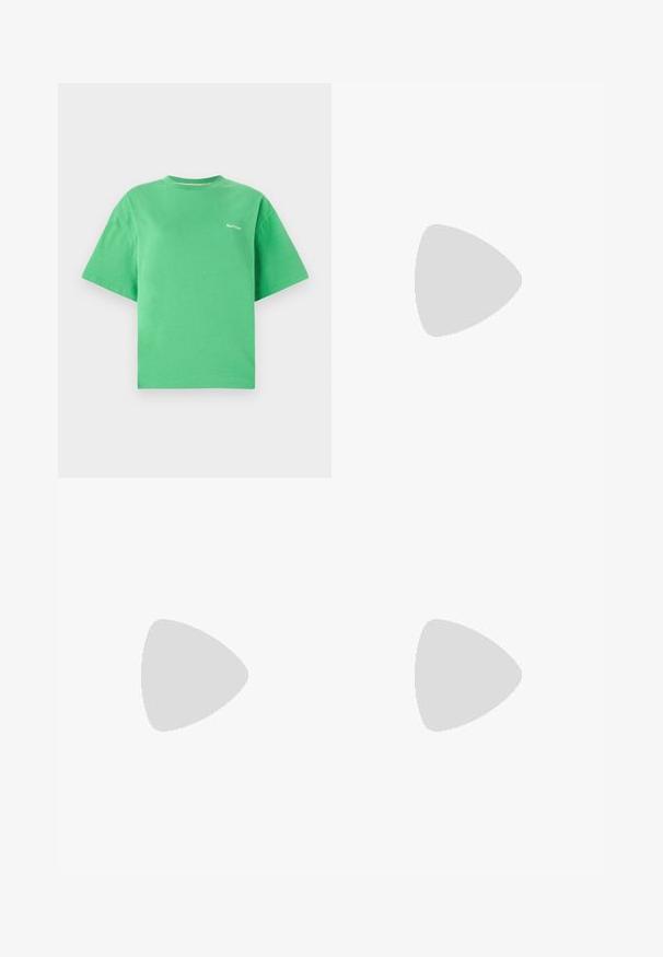 Green cotton T-shirt with a round neck, short sleeves, and a relaxed fit. Features a small white logo on the chest. Smooth texture.; Black tailored trousers with a straight-leg design, featuring a smooth texture and crisp creases along the front. No visible hardware.; Black leather slingback heels with a pointed toe, featuring a slim heel and a gold-tone accent on the adjustable strap. Smooth texture.; Black leather handbag with a structured design, featuring a cropped shape, top handle, and gold hardware accent. Adjustable shoulder strap included.